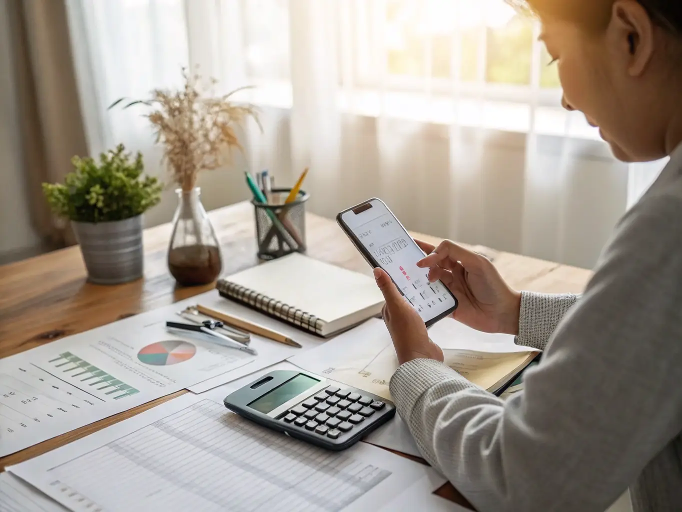 A person using a budgeting app on their smartphone, with charts and graphs illustrating income and expenses. The setting is a modern, bright office space.