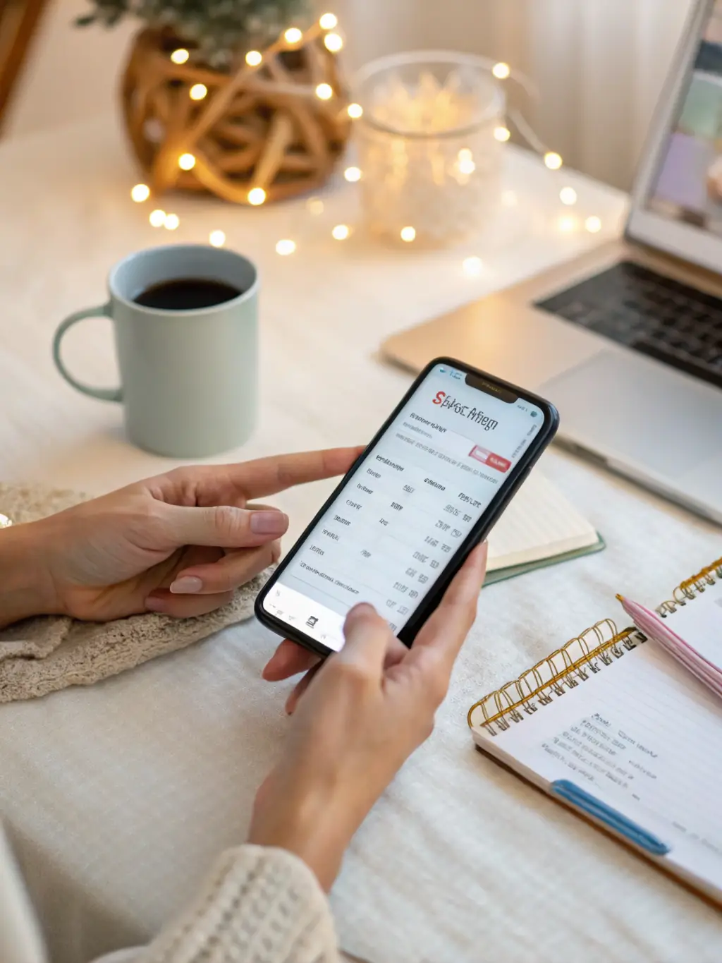 A person using a budgeting app on their smartphone, with a clear display of income, expenses, and savings goals.