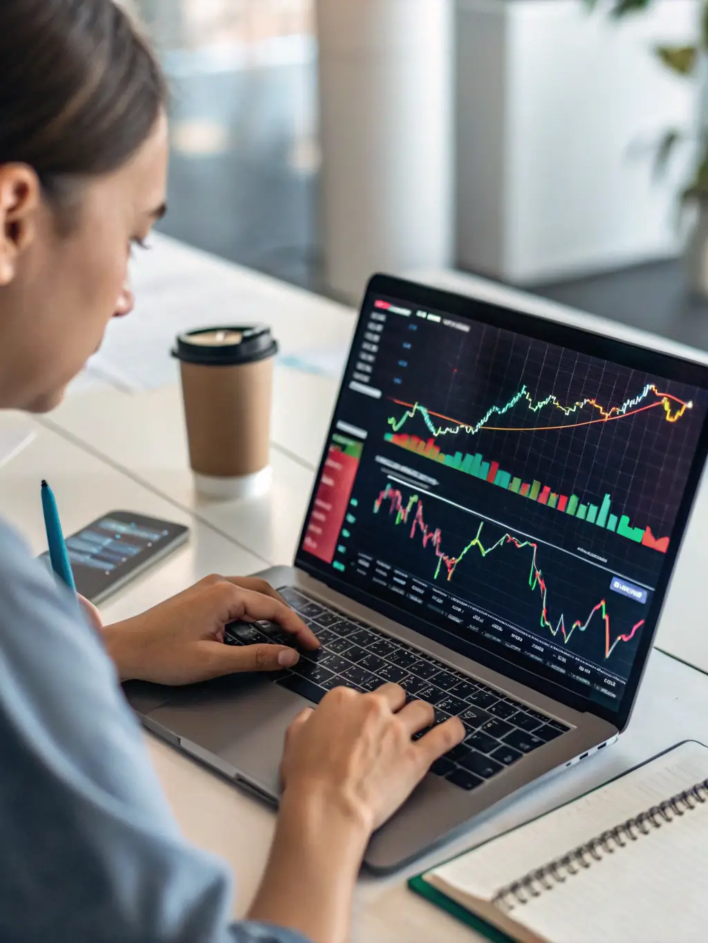 A laptop displaying a financial dashboard with interactive charts and graphs, illustrating key financial metrics.