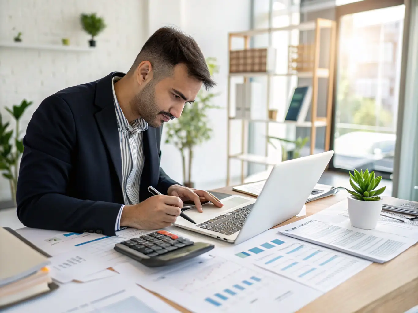 A business professional reviewing a financial report with a calculator and spreadsheet in the background. The scene is set in a corporate office environment.