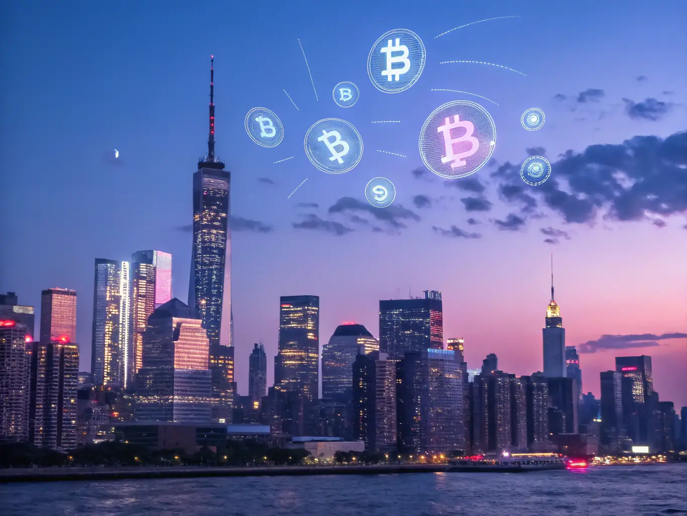 A futuristic cityscape with digital overlays representing blockchain technology and data streams, symbolizing the innovation in financial technology.
